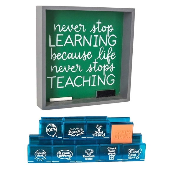 Teacher Achievement Grading Stamps & Inspirational Decor Desk Table Sign Set - Picture 1 of 4